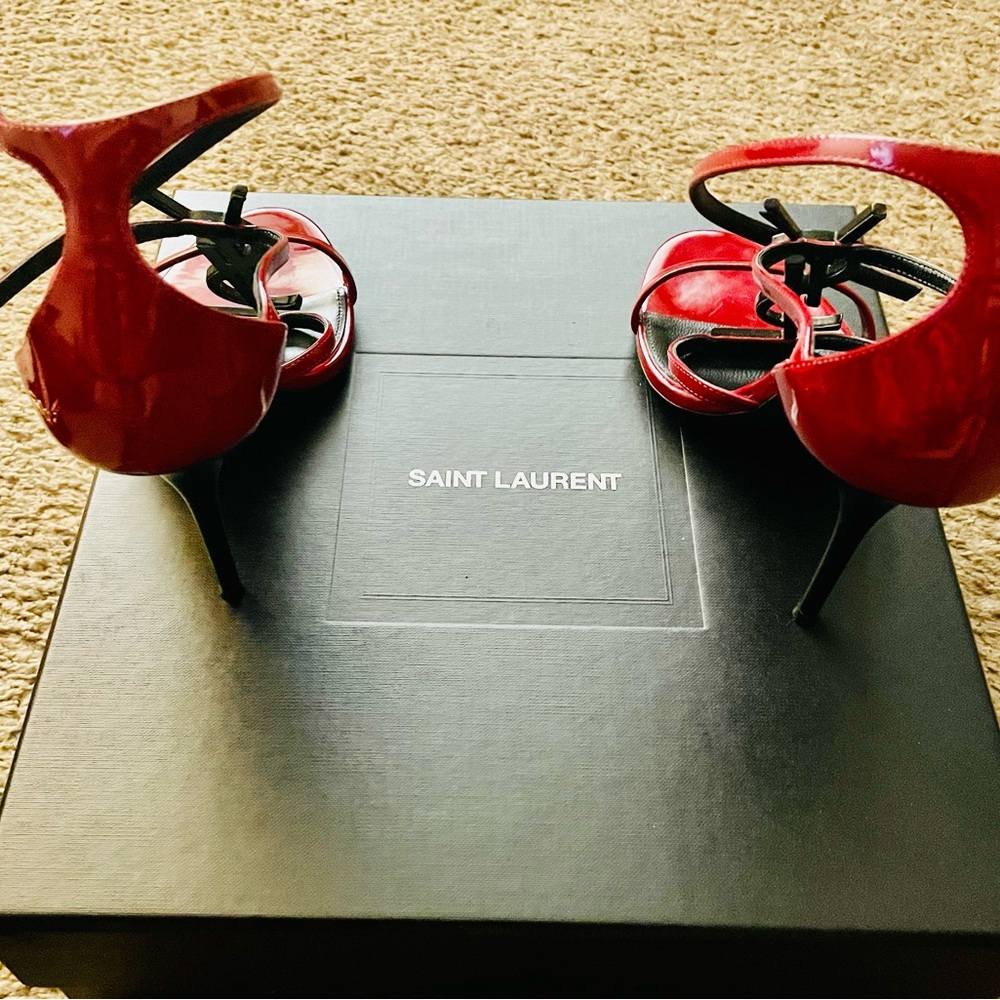 Yves Saint Laurent Red Patent Leather Strappy Heels - Picture 12 of 16